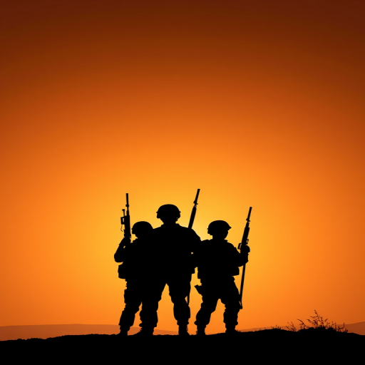 silhouetted soldiers standing triumphantly against a gradient sunset background, sharp focus, ISO 200, f/8 aperture, 50mm lens, wide shot, DSLR camera
