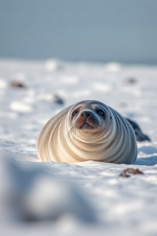 Capture a high-resolution image of a seal resting on a snowy beach during bright daylight, using a DSLR camera with a 300mm f/4 lens, aperture set to f/8, ISO 100, shutter speed 1/1000s, in a close-up view with a shallow depth of field to enhance clarity and detail in the foreground.