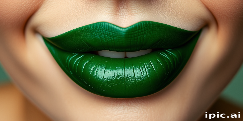 Enchanting emerald green lips captivate with their rich jewel tone, boasting a satiny finish that adds depth and intrigue to the unusual color