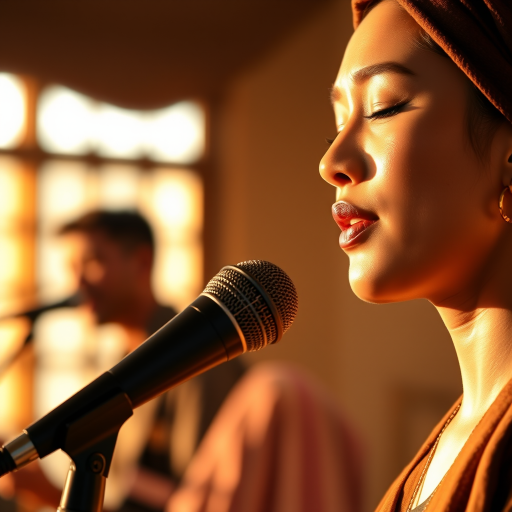 A close-up portrait of a asian woman with her eyes closed, singing into a microphone, positioned on the right side of the frame, facing the viewer. She is wearing a brown headscarf, gold earrings, and a brown blouse, and is bathed in warm, golden light emanating from the windows behind her. A blurred figure of a man singing into a microphone is visible in the background. The scene has a sense of calm and spirituality.