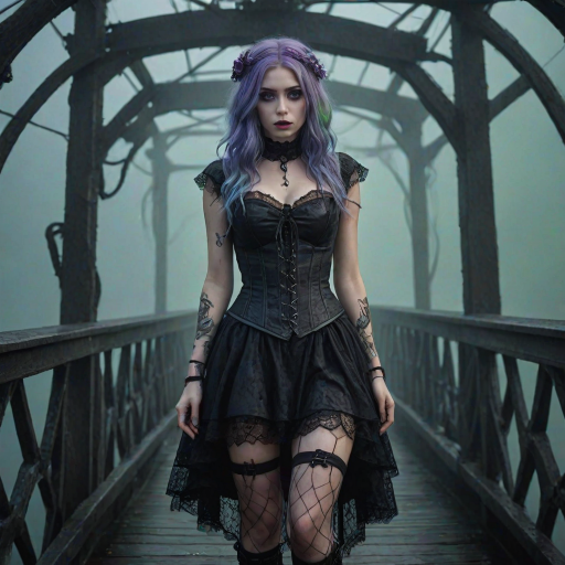(Bottom-up view view:1.5) Cinematic glamour portrait of a beautiful ((skiny:1.1)) young girl, detailed purple eyes, wearing a Dark Alice in Wonderland dress with a Lace-up corset,  wearing Doc Martens boots with Ripped fishnet tights, green velus hair, on A gothic, fog-shrouded bridge, mist softly illuminated by a bluish or violet light source, supernatural feel, a giant Kraken comes from the mist, dark movie, look in the style of a horror science fiction movie, Dusk on a foggy bridge, unity 8k wallpaper, ultra detailed, beautiful and aesthetic, best quality, intricate, sharp focus, 8k textures , intricate, highly detailed, sharp focus, insane details, intricate details, hyper detailed, exposure blending, hdr, hyperrealistic, shot with Mamiya Leaf, Leica Elmar-M lens, 85mm, f/1.8, (high detailed skin:1.2), uhd, dsir, soft lighting, high quality, film grain,