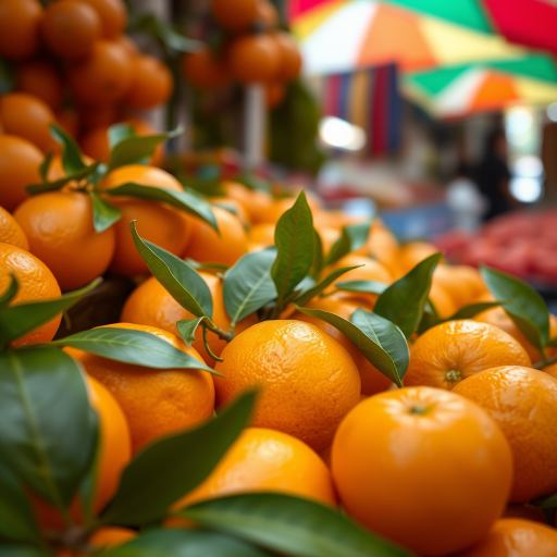 close-up of fresh oranges with green leaves in a vibrant market setting, 50mm lens, f/2.8 aperture, ISO 100, natural light, DSLR camera, shallow depth of field