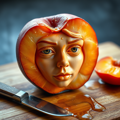 A hyperdetailed photorealistic macro color saturated high resolution image of a peach cut in half, with the peach pit being a highly detailed sculpted woman's face with her eyes open and peach-colored irises. The face has a marble texture. The image includes condensation, moisture, and peach juice. The peach is on a wooden cutting board with a small fruit knife nearby, also covered with juice.