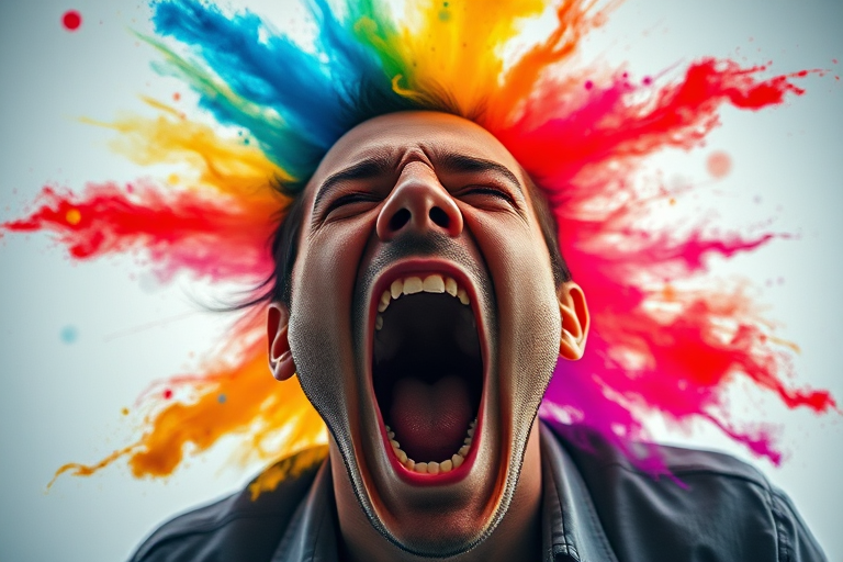 Create a high-resolution portrait of a man screaming with vibrant colors exploding around his head, using a DSLR camera with a 50mm lens, aperture set to f/1.8, ISO 100, and a low-angle view to enhance depth and drama.