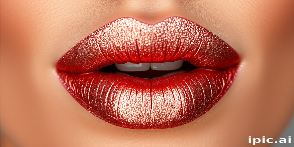 Shimmering rose gold lips dazzle in the "Metallic Muse" style, featuring a lustrous finish that catches the light with every movement, combining the warmth of pink and the luxury of gold to create a unique and eye-catching lip color that complements a wide range of skin tones and adds a touch of futuristic charm to any makeup look