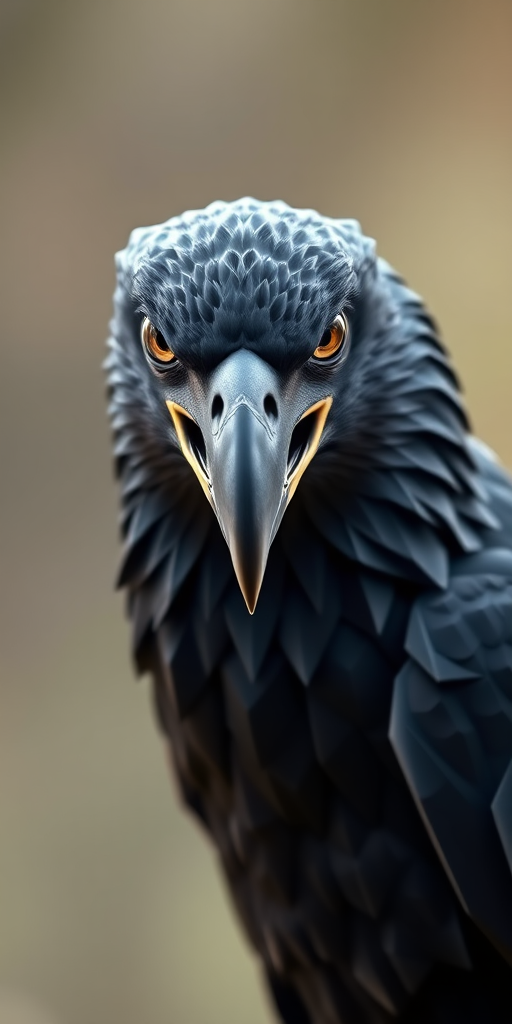 Generate a high-resolution, 3D polygonal illustration of a stylized black eagle with exaggerated features, centered in the frame, using a DSLR camera with a 50mm lens at f/2.8 for a shallow depth of field, ISO 100, and natural lighting for enhanced details.