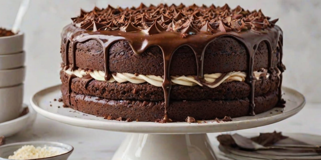 Generate an image of a multi-layered chocolate cake with rich chocolate frosting and chocolate shavings on the sides. The cake should have a slice cut out, revealing layers of chocolate and vanilla filling. Place the cake on a white cake stand with a clean, simple background.