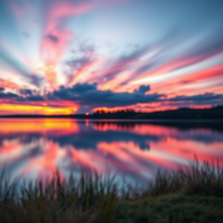 Generate a high-resolution image of a serene sunset over a calm lake, vibrant colors reflecting off the water, shot with a Canon EOS R5, ISO 100, f/8 aperture, 1/125 sec shutter speed, wide-angle lens, capturing a panoramic view with a soft focus on the foreground.