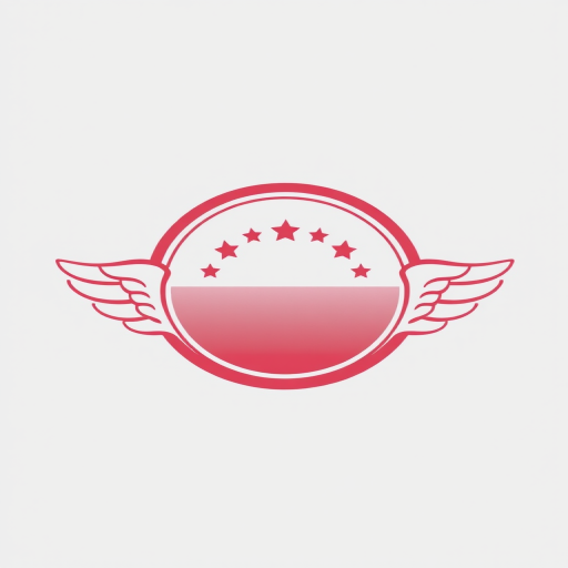 Create a high-resolution image of a circular badge with two wing designs on each side, five stars centered below the top arch, featuring a smooth gradient from light pink to darker shades, using a DSLR camera at f/2.8, ISO 100, with a 50mm lens and a shallow depth of field, shot from a straight-on angle with natural light to enhance clarity and detail.