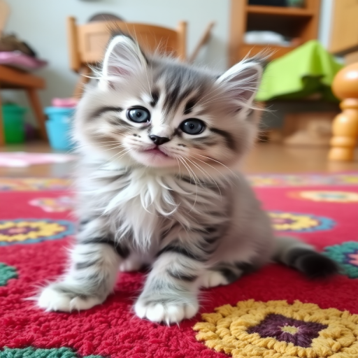 Cute fluffy kitten with gray and white fur sitting on a colorful rug with its head tilted to the side looking curiously at the camera. The background features wooden furniture and a playful environment.