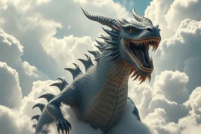 Create a highly detailed image of a mythical dragon emerging from swirling clouds, showcasing intricate scales and dramatic facial features, using a Canon EOS R5 camera with an aperture of f/2.8, a shutter speed of 1/100s, and an ISO of 100, shot from a low angle to emphasize its grandeur, in soft natural lighting to enhance the ethereal atmosphere.