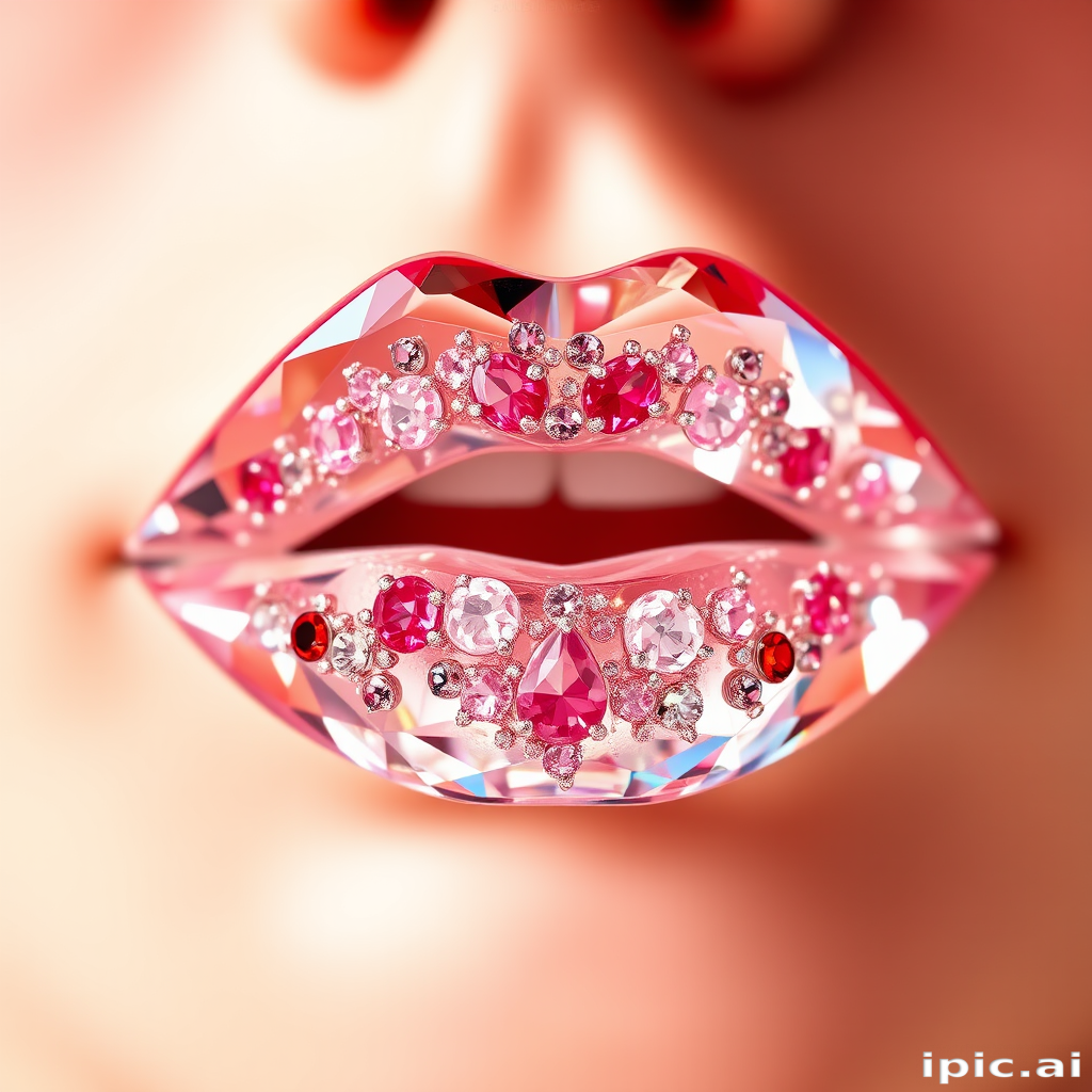 Radiant crystal lips adorned with tiny, faceted gemstones in various shades of pink and clear quartz, catching and reflecting light from every angle