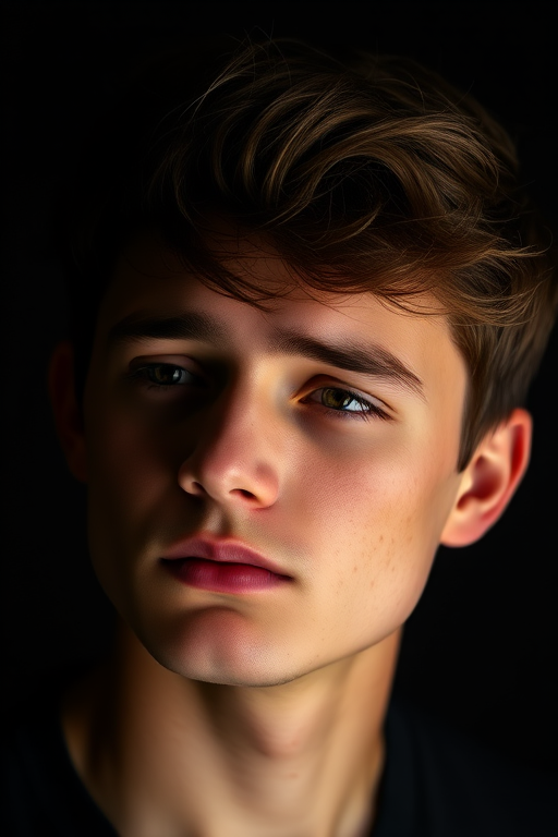portrait of a young man with a thoughtful expression, studio lighting, black background, shallow depth of field, f/2.8, 85mm lens, ISO 200, soft light, natural skin tones, Canon EOS R5, 1/100s