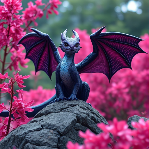 A majestic dragon with vibrant purple and blue scales, large wings spread wide, perched on a rocky outcrop surrounded by glowing pink foliage, taken with a DSLR camera, 50mm lens, f/2.8, ISO 100, in a low angle view with soft focus on the background.