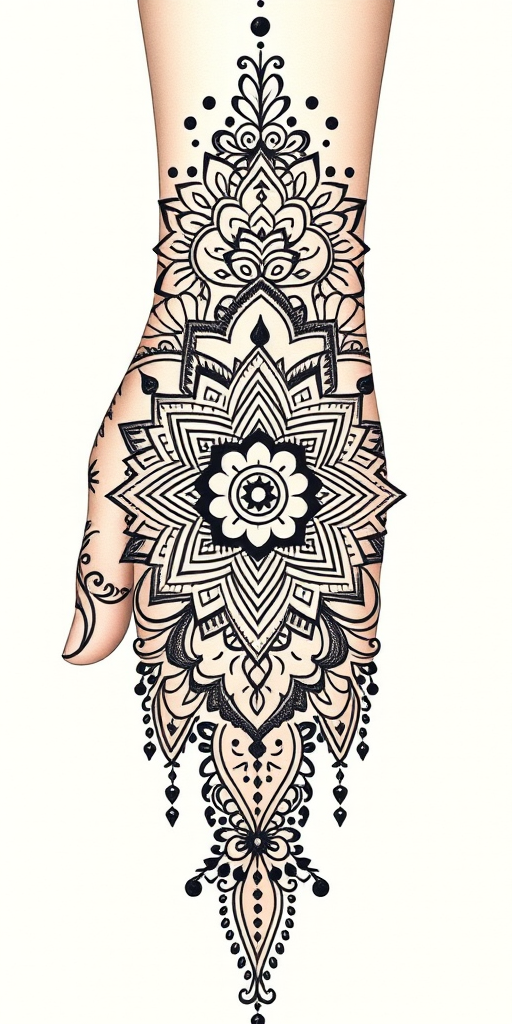 Ornamental blackwork tattoo called "Mehndi Fusion" combining traditional henna patterns with geometric elements and dotwork shading for a modern twist on ancient art