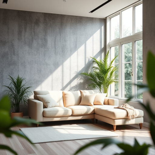 interior living room scene with a soft beige couch against a textured grey wall, natural light streaming through large windows, lush greenery adding freshness, shot with a Canon EOS R5, 35mm lens, f/2.8 aperture, 1/60 shutter speed, ISO 100, soft focus style to enhance tranquility and warmth