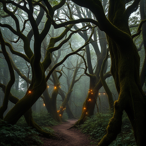 create a dense, enchanting forest scene with towering, moss-covered trees entwined with vines, soft golden lights twinkling among the branches, mist weaving through the underbrush, a winding path leading deeper into the woods, shot with a Canon EOS R5 at f/2.8, 24mm lens, ISO 200, with a focus on depth of field to enhance the ethereal atmosphere and soft light filtering through the foliage.