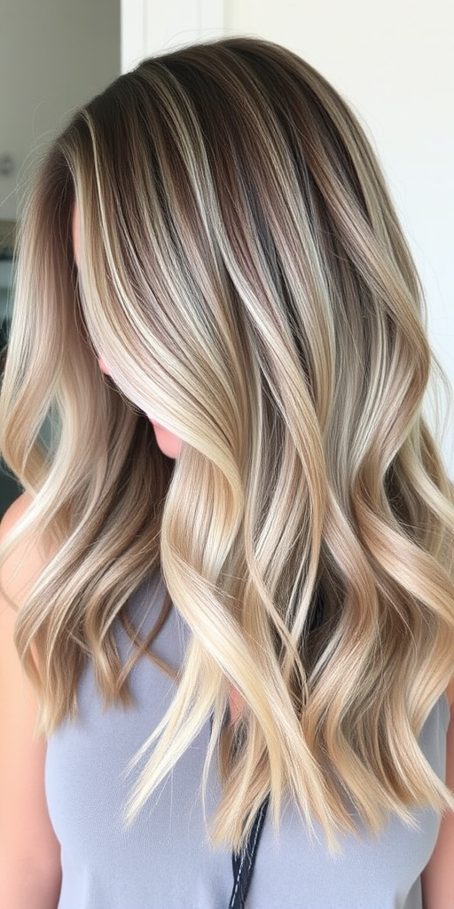 Sophisticated ash blonde lob with subtle balayage highlights and effortless beach waves, exuding casual elegance in the chic "Coastal Chic" look