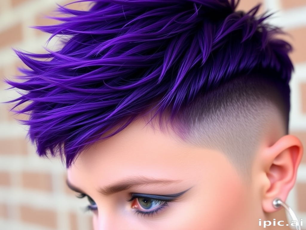 Bold close-up features Vibrant Violet pixie cut, rich purple hue with darker plum lowlights, styled in a textured and spiky fashion with shaved sides