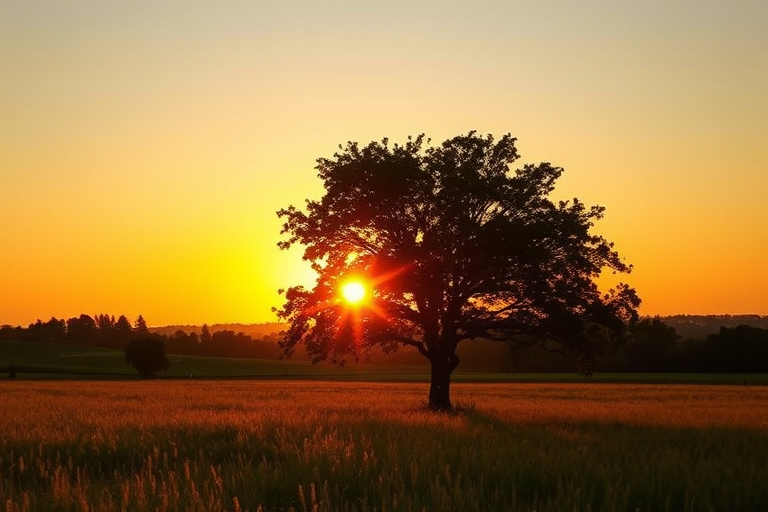 sunset behind a silhouette of a tree in a field, ISO 100, aperture f/8, shutter speed 1/200, 50mm lens, HDR photography, golden hour lighting, full-frame DSLR