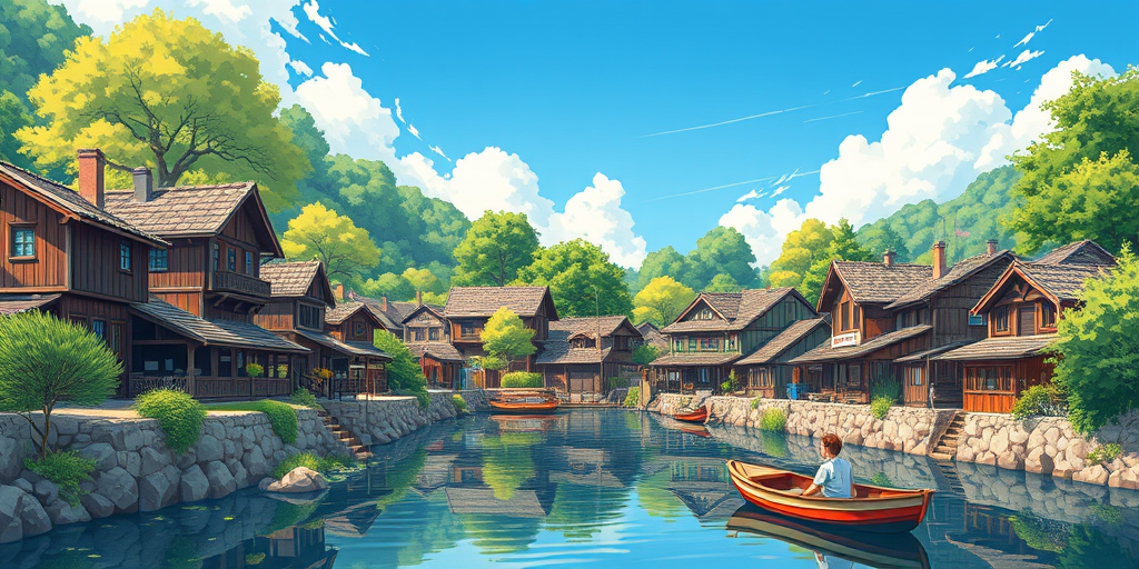 create a vibrant illustration of a tranquil village by a serene waterway with traditional wooden houses, lush greenery, and a person in a boat under a clear blue sky, shot with a DSLR camera at f/8 aperture, ISO 100, 24mm focal length, and a wide-angle view for enhanced detail and depth.