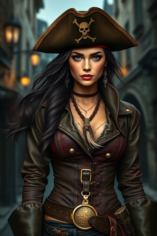 Create a portrait of a fierce female pirate. She wears a leather tricorn hat adorned with a skull and crossbones emblem, and her long, dark hair flows around her face. Her outfit consists of a richly detailed leather jacket, a corset, and multiple layers of belts and accessories, giving her a formidable and stylish appearance. She stands confidently in a dimly lit, historic port town, with a backdrop of weathered buildings and cobblestone streets, capturing the adventurous spirit of a pirate.