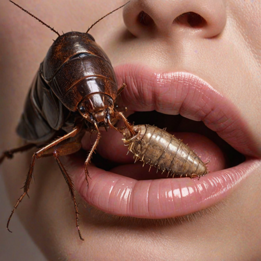 Written name "name" in ginat letters Close-up of realistic human lips, soft pink and glossy, with detailed textures A small vividly cockroach with sharp teeth is crawling out of the mouth The cockroach's skin is highly detailed with a shiny texture and its teeth are menacing and sharp The lips appear moist with subtle reflections of light and the cockroach contrasts starkly with the smooth skin of the lips Hyperrealistic style with intricate textures and lighting
