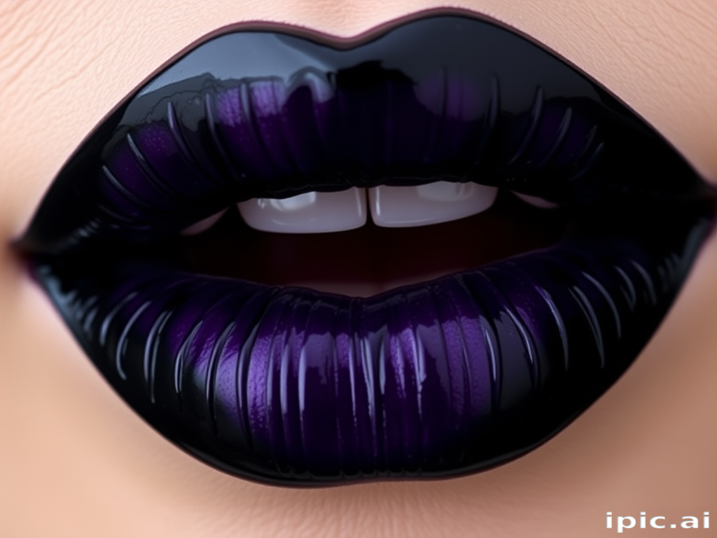 Mysterious "Midnight Orchid" lip color combines deep purple undertones with a glossy black overlay, creating an alluring, multidimensional effect that's both gothic and glamorous