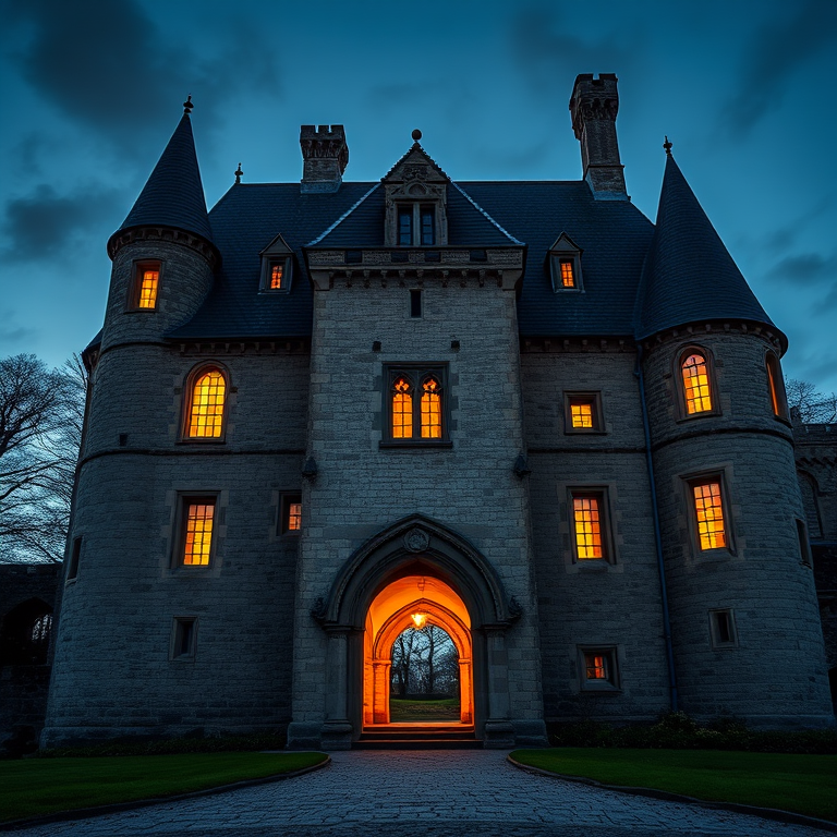 A medieval stone castle with a dark slate roof, illuminated windows, and an archway, captured at dusk with a full-frame camera, aperture f/8, ISO 100, 24mm lens, using a soft focus style to enhance depth and texture.