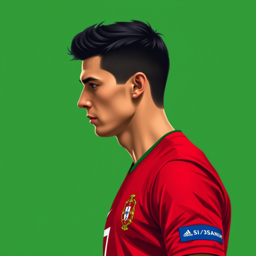 Create a high-quality digital illustration of a male soccer player in profile, wearing a red jersey with the number 7 and the Portugal crest, set against a solid green background, using a Canon EOS R5 camera, 50mm f/1.2 lens, aperture set at f/2.8, ISO 100, and soft lighting to emphasize facial features and jersey details.