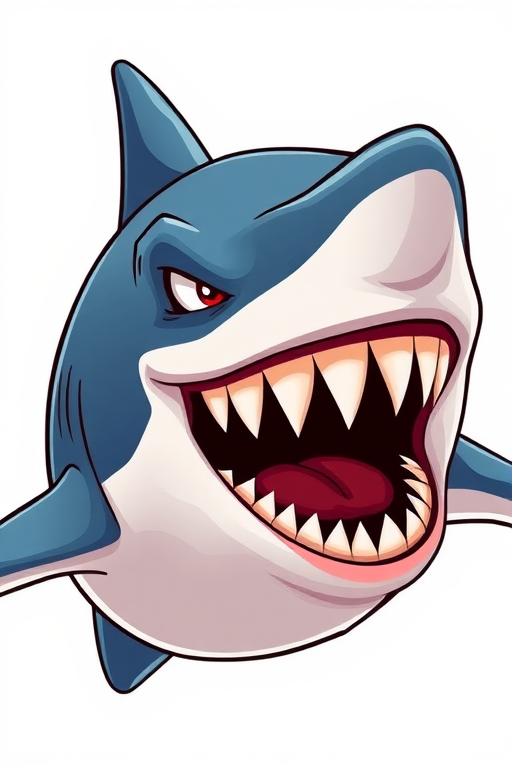 Create a high-resolution cartoon image of an angry shark with exaggerated features and bold colors, using a Canon EOS R5 camera with a 50mm f/1.2 lens, aperture set to f/2.8, ISO 200, and a slightly angled side view for depth.