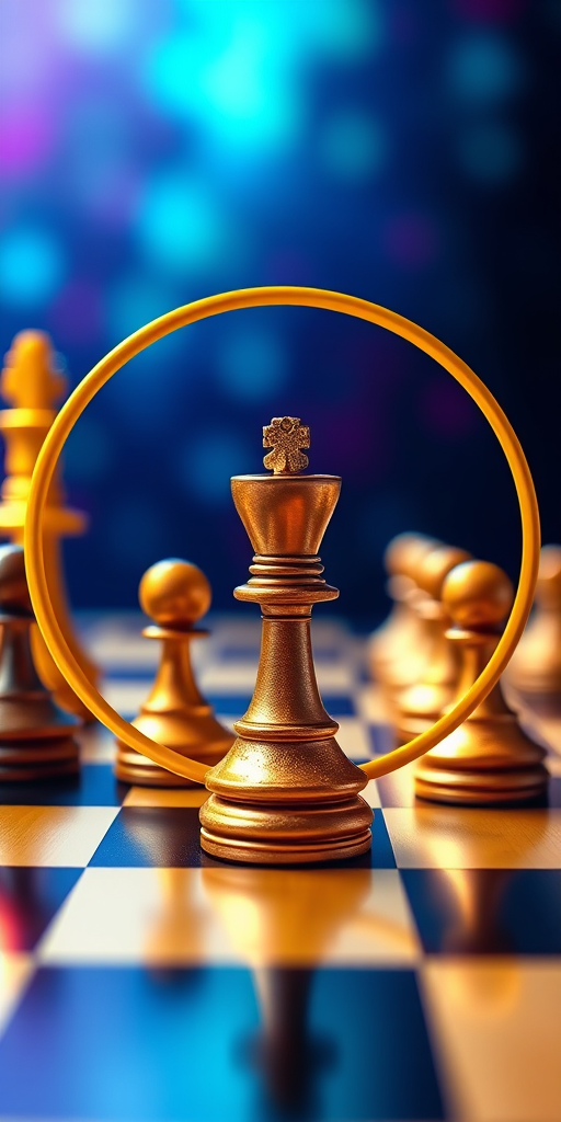 Create a vibrant digital artwork featuring a chessboard pattern with circular frames around chess pieces, using a high-resolution setting of 300 DPI, captured with a DSLR camera at f/8 aperture, 1/50 shutter speed, and a focal length of 50mm, viewed from a low angle to enhance depth and focus on the pieces.