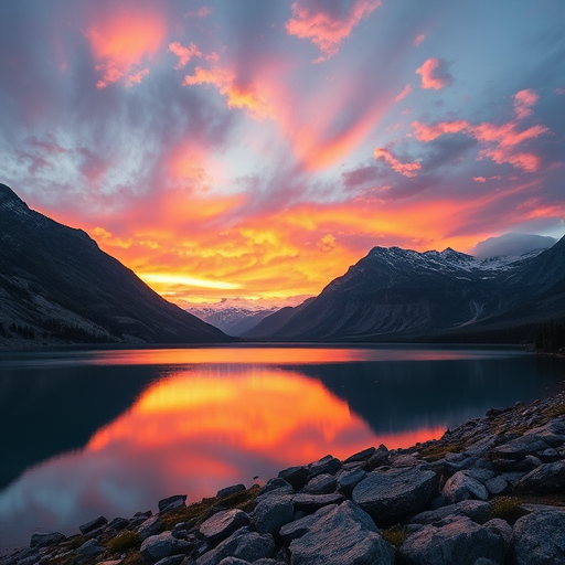Create a detailed landscape image of a serene mountain scene at sunrise, capturing vibrant colors in the sky reflected on a calm lake, using a Canon EOS R5, 24mm lens, f/8 aperture, ISO 100, 1/200s shutter speed, with a wide-angle shot for depth and clarity.
