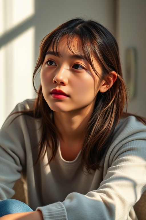 Generate an image of a young woman sitting thoughtfully, natural light casting soft shadows, close-up view, portrait style, with a Canon EOS R5 camera, 50mm lens, aperture f/1.8, ISO 100, shutter speed 1/200s.