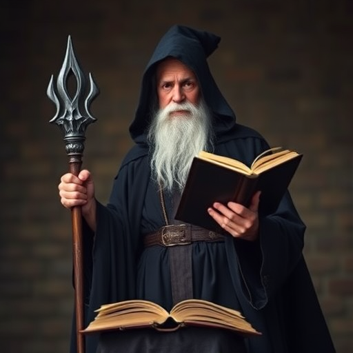 Generate a high-quality image of an elderly wizard in a flowing dark cloak holding a staff and an open book, with a focused composition, shot from a low angle using a DSLR camera, 50mm lens, f/2.8 aperture, ISO 100, natural lighting, and enhanced color saturation.