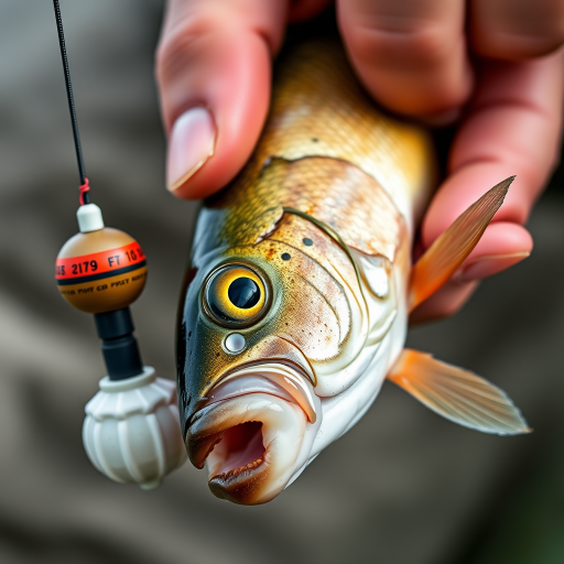 A close-up shot of a person holding a freshly caught fish next to a bobber, shallow depth of field, natural lighting, 50mm lens, f/2.8 aperture, ISO 200, DSLR camera, vibrant colors, soft background blur.