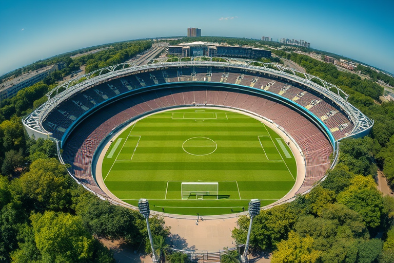 Regenerate an aerial view of a modern stadium with a lush green field surrounded by trees, showcasing architectural details with clear sky and sunlight, camera settings: f/8, ISO 100, shutter speed 1/200s, camera type: DSLR, camera style: wide-angle lens.