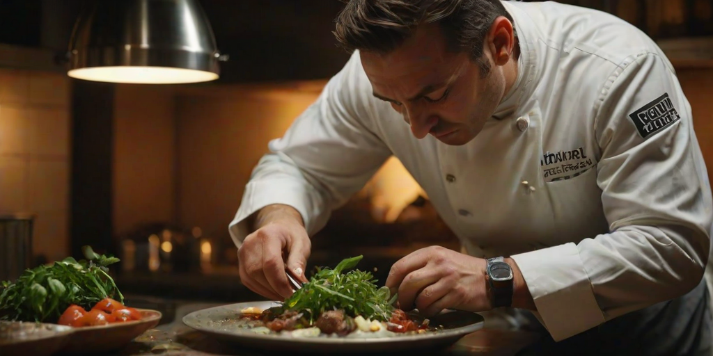 Sharp, detailed photo of a chef carefully plating a gourmet dish in a dimly lit kitchen, soft glow from the overhead lights illuminating their concentration, the smell of fresh herbs and sizzling food in the air.