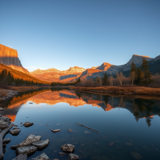capture a serene landscape of a river reflecting the surrounding mountains and trees at dawn with soft light, use a DSLR camera with a 24mm lens, aperture f/8, ISO 100, shutter speed 1/60s, shot at eye level for a balanced view