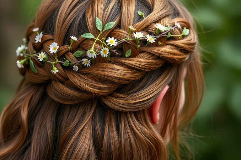 Warm chestnut brown hair woven into an intricate crown braid, adorned with tiny wildflowers and delicate vines, evoking the essence of a woodland fairy queen.