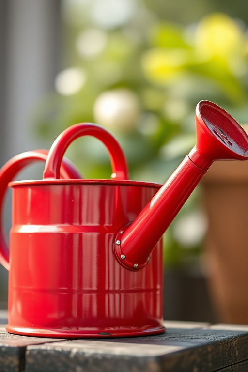 a bright red vintage watering can with a shiny finish, positioned in natural light, macro lens, aperture f/2.8, ISO 100, 50mm focal length, soft background blur, high-resolution photography