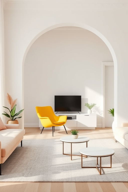 Regenerate an image of a modern living room featuring an archway entrance, a stylish yellow chair, minimalistic coffee tables, a television on a shelf, and pastel color accents with a bright and airy atmosphere, captured with a DSLR camera at 24mm, ISO 200, f/4, in soft natural lighting.
