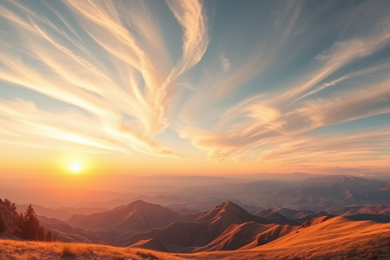 Create an abstract landscape with soft swirling clouds in pastel colors, a warm sun on the horizon, layered mountains in earthy tones, captured with a full-frame camera at f/8, ISO 100, 24mm lens, in a panoramic view for enhanced depth and clarity.