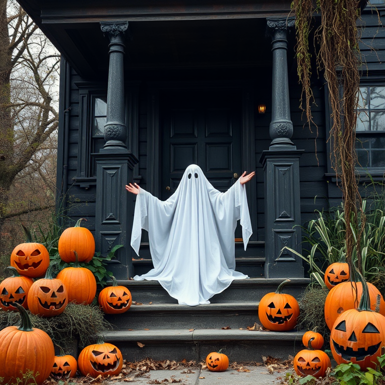 A ghost in a white sheet sitting on the steps of a dark old house surrounded by carved pumpkins with spooky faces and overgrown plants in a Halloween setting