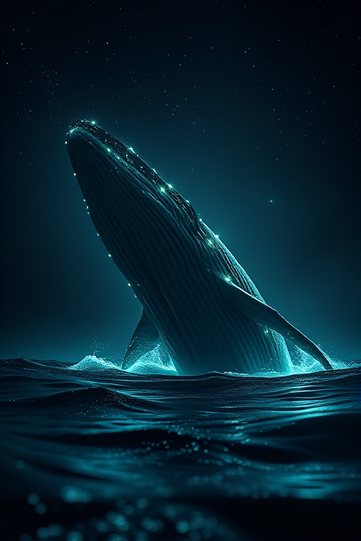 Generate a stunning image of a cosmic whale emerging from dark waters, rich in intricate details and glowing bioluminescence, shot with a Canon EOS R5 at f/1.8, ISO 100, 24mm lens, using a low-angle perspective to enhance its grandeur and depth with dramatic lighting and a dark, ethereal atmosphere.