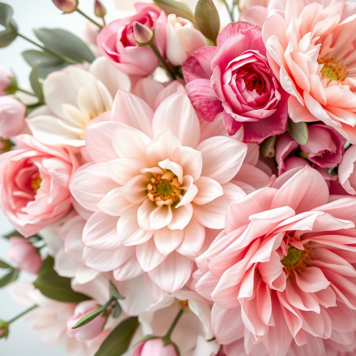 floral arrangement with soft pastel colors, intricate petals and leaves, bright light background, shot with a DSLR camera at f/2.8, ISO 100, 50mm lens, top-down view, natural light setting for enhanced detail and clarity