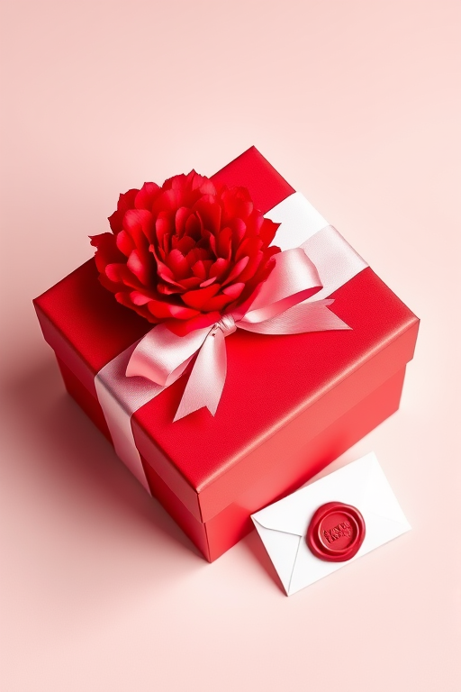 Create a high-resolution digital illustration of a red gift box with a pink ribbon, featuring a single red carnation flower and a white envelope with a wax seal, using a soft focus lens, 50mm focal length, f/1.8 aperture, top-down camera view, digital art style with vibrant colors and smooth textures.