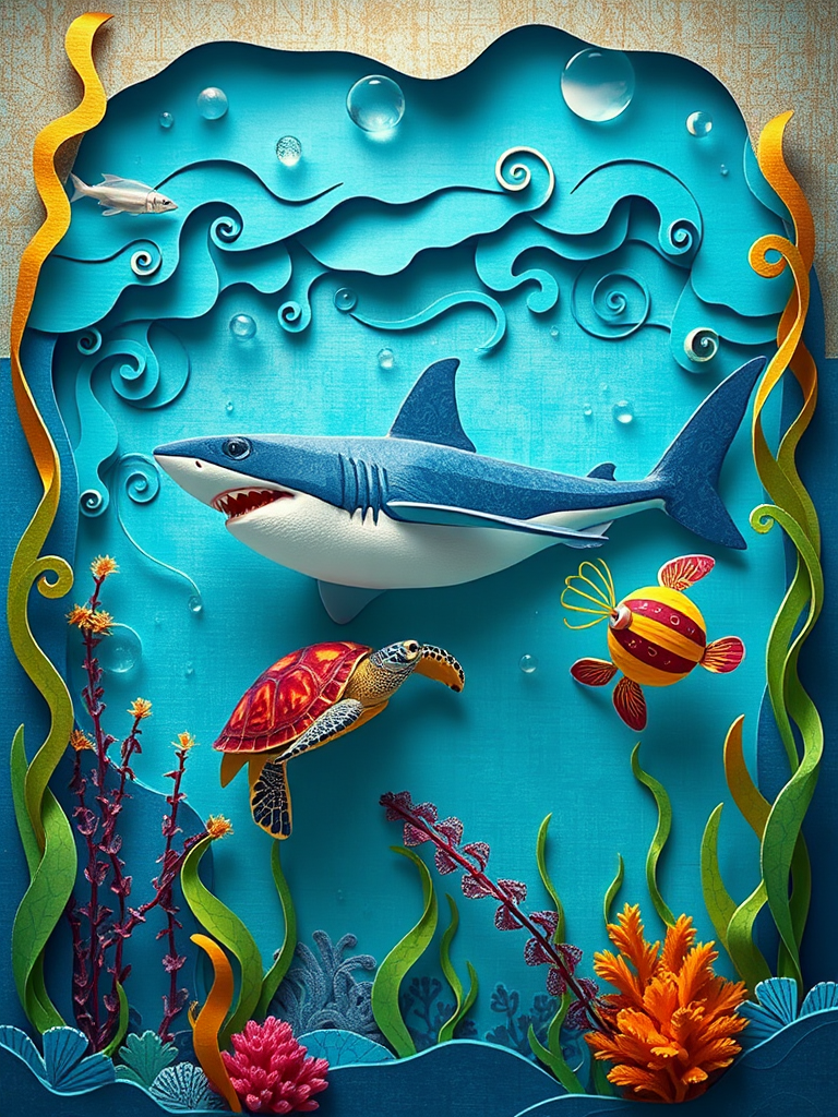 create a vibrant underwater scene featuring a shark and a turtle in a dynamic, layered paper cut style with swirling ocean currents and seaweed using a Canon EOS R5 camera with a 50mm f/1.2 lens, ISO 100, aperture f/8, and a soft natural light setting from above for enhanced texture and detail