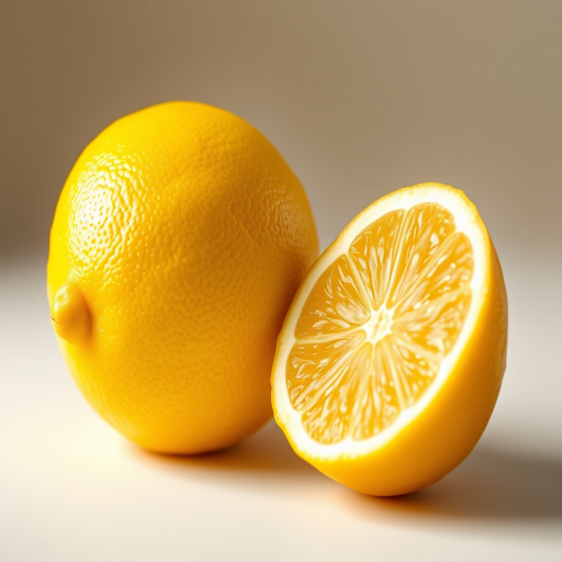 Generate a high-resolution digital illustration of a whole lemon and a sliced lemon, using a bright yellow color palette, with soft lighting to enhance the texture details, camera settings at f/4.0, ISO 100, and 1/125 sec shutter speed, shot from a slightly elevated angle to capture depth, in a studio setting with a shallow depth of field.