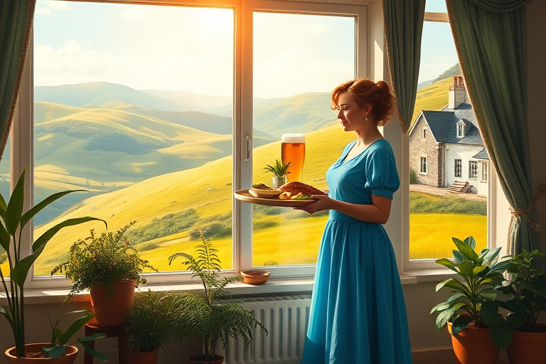 In "A Glass of Beer on the Highland," a serene scene is depicted in a sunlit room where a woman in a vibrant blue dress stands by a large window. She holds a tray with a hearty meal and a frothy glass of beer, embodying a moment of relaxation. Outside, the breathtaking highland landscape features rolling green hills and a charming traditional house, all bathed in warm afternoon light. The interior is adorned with potted plants, creating a harmonious blend of comfort and nature. The painting beautifully captures the tranquility and joy found in simple pleasures amidst stunning scenery